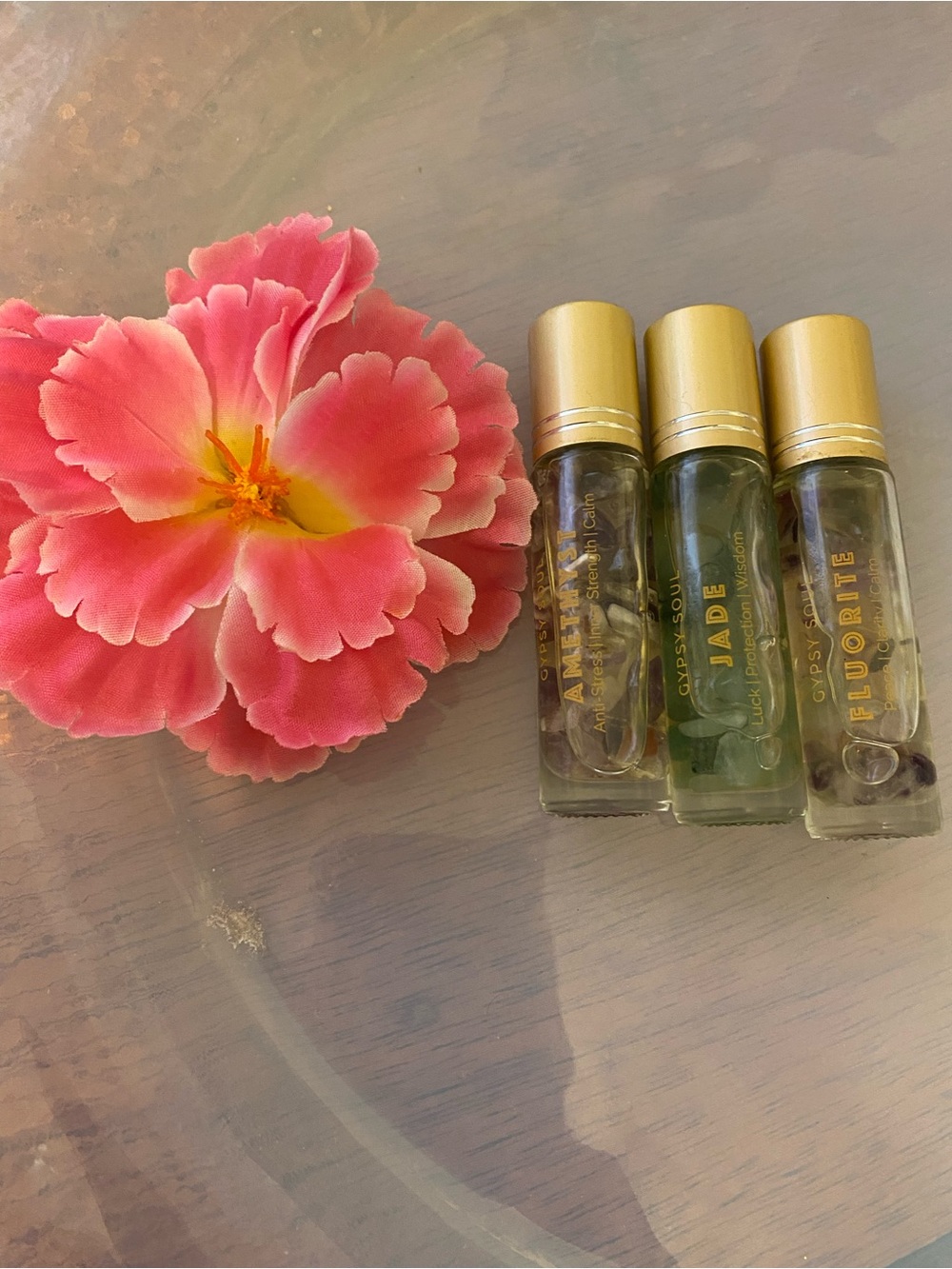 Crystal Gemstone Roller Trio - Amber, Jade, Fluorite - Gold Caps